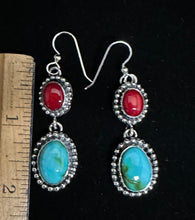 Load image into Gallery viewer, Sonoran Gold Turquoise and Red Coral Sterling Silver Earrings
