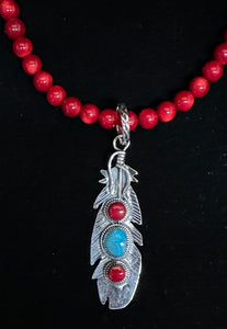 Turquoise & Red Coral Sterling Silver Feather Necklace Pendant