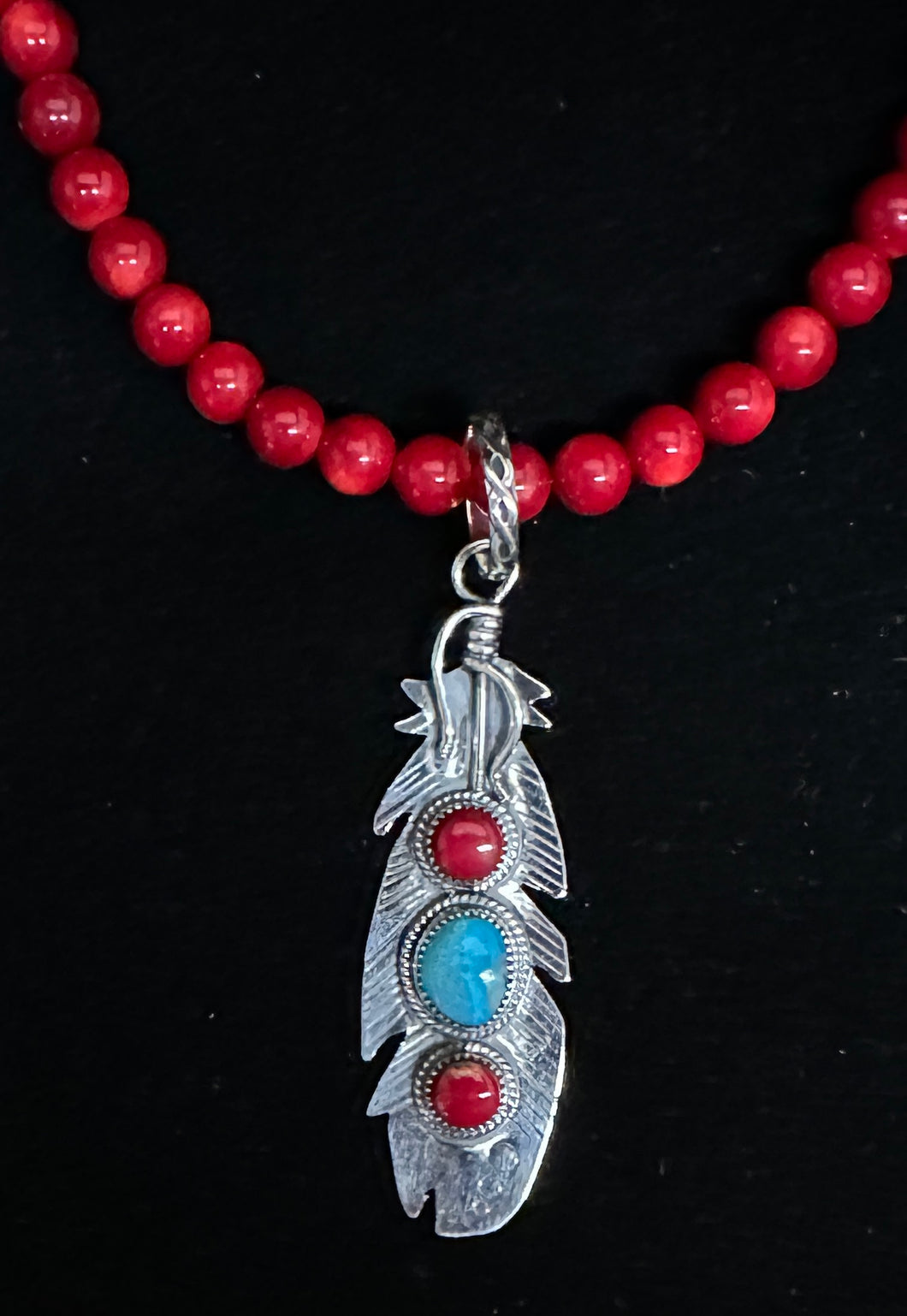 Turquoise & Red Coral Sterling Silver Feather Necklace Pendant