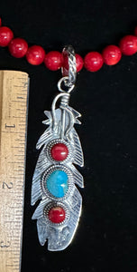 Turquoise & Red Coral Sterling Silver Feather Necklace Pendant