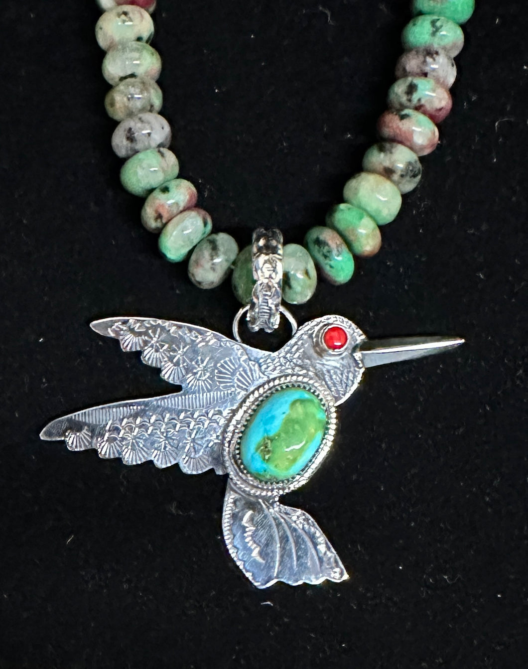 Sonoran Gold Turquoise & Coral Sterling Silver Hummingbird Necklace Pendant