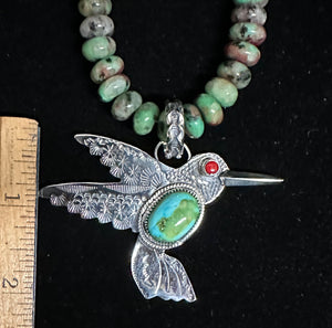 Sonoran Gold Turquoise & Coral Sterling Silver Hummingbird Necklace Pendant