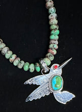 Load image into Gallery viewer, Sonoran Gold Turquoise &amp; Coral Sterling Silver Hummingbird Necklace Pendant
