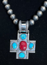 Load image into Gallery viewer, Red Coral &amp; Turquoise Sterling Silver Cross Necklace
