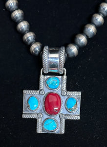 Red Coral & Turquoise Sterling Silver Cross Necklace