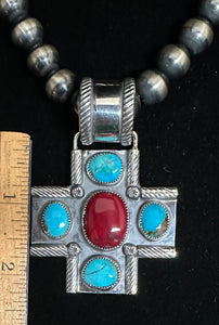 Red Coral & Turquoise Sterling Silver Cross Necklace