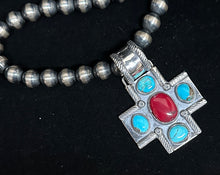 Load image into Gallery viewer, Red Coral &amp; Turquoise Sterling Silver Cross Necklace
