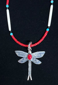 Red Coral Sterling Silver Dragonfly Necklace Pendant