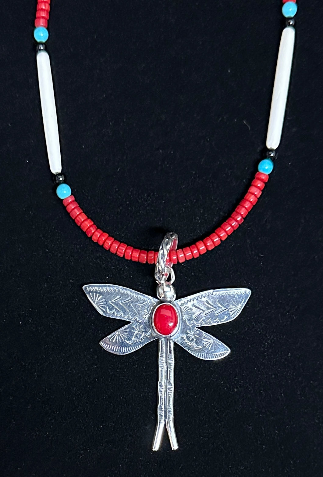 Red Coral Sterling Silver Dragonfly Necklace Pendant