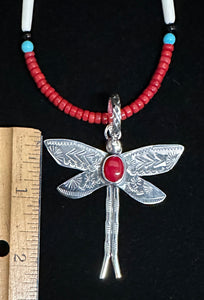 Red Coral Sterling Silver Dragonfly Necklace Pendant