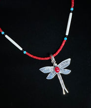 Load image into Gallery viewer, Red Coral Sterling Silver Dragonfly Necklace Pendant
