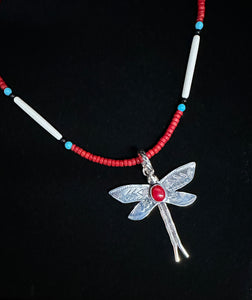 Red Coral Sterling Silver Dragonfly Necklace Pendant