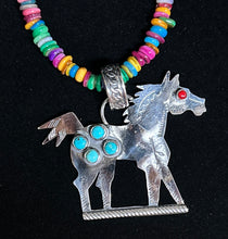 Load image into Gallery viewer, Turquoise &amp; Red Coral Sterling Silver Horse Necklace
