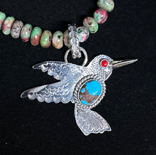 Load image into Gallery viewer, Turquoise &amp; Coral Sterling Silver Hummingbird Necklace Pendant
