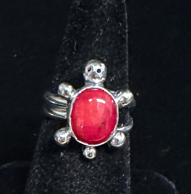 Red Coral Sterling Silver Turtle Ring