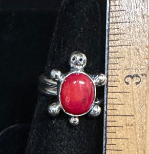 Red Coral Sterling Silver Turtle Ring