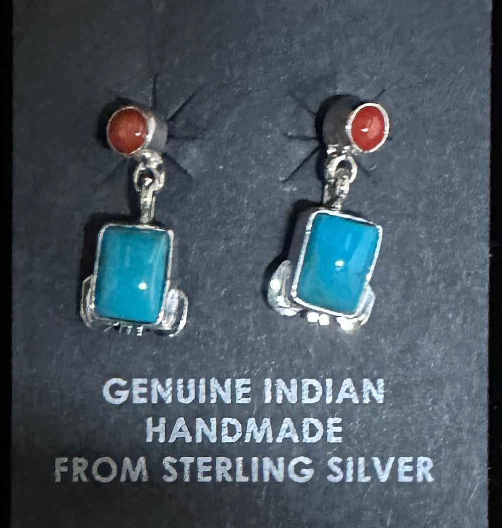 Turquoise & Red Coral Sterling Silver Post Earrings