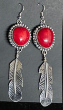 Load image into Gallery viewer, Red Coral Sterling Silver Feather Earrings
