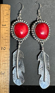 Red Coral Sterling Silver Feather Earrings
