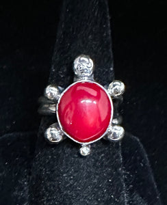 Red Coral Sterling Silver Turtle Ring