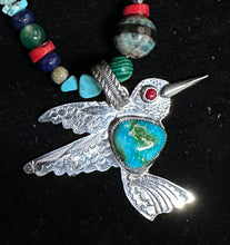 Load image into Gallery viewer, Sonoran Mountain Turquoise &amp; Red Coral Sterling Silver Hummingbird Necklace Pendant
