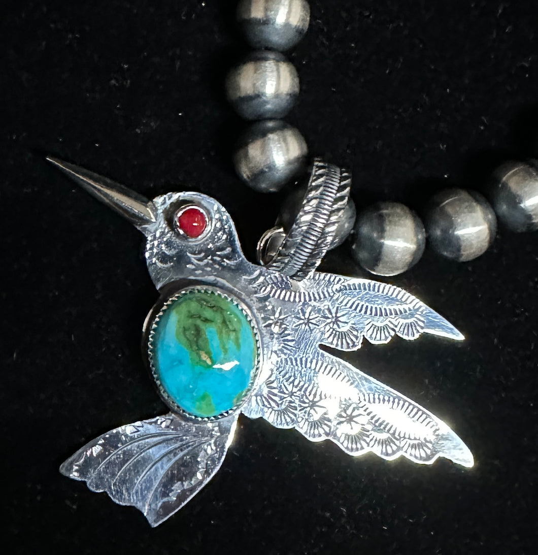 Sonoran Gold Turquoise & Coral Sterling Silver Hummingbird Necklace Pendant