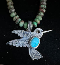 Load image into Gallery viewer, Sonoran Gold Turquoise &amp; Black Onyx Sterling Silver Hummingbird Necklace
