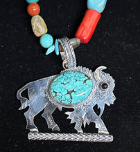 Load image into Gallery viewer, Turquoise and Black Onyx sterling silver buffalo Necklace Pendant
