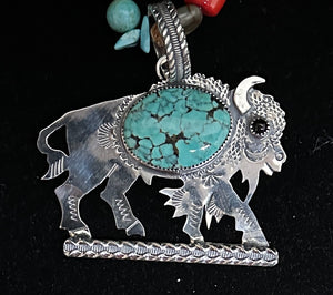 Turquoise and Black Onyx sterling silver buffalo Necklace Pendant