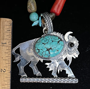 Turquoise and Black Onyx sterling silver buffalo Necklace Pendant