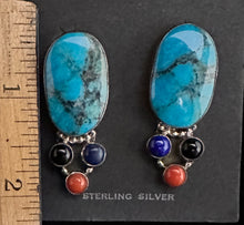 Load image into Gallery viewer, Turquoise, Lapis and Red Coral Sterling Silver Earrings
