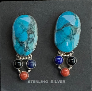 Turquoise, Lapis and Red Coral Sterling Silver Earrings