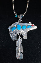 Load image into Gallery viewer, Turquoise and Red Coral Sterling Silver Bear with Feather
