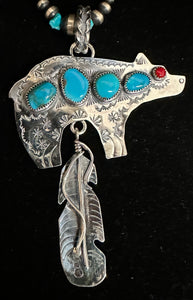 Turquoise and Red Coral Sterling Silver Bear with Feather