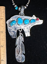 Load image into Gallery viewer, Turquoise and Red Coral Sterling Silver Bear with Feather

