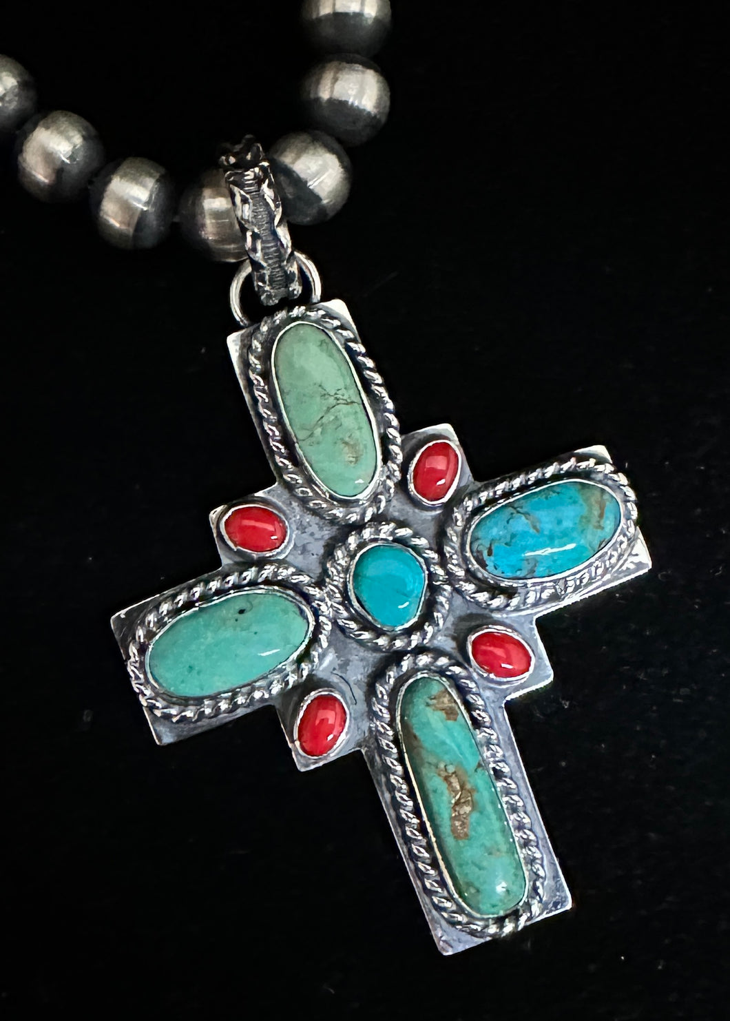 Turquoise and Red Coral Sterling Silver Cross Necklace Pendant