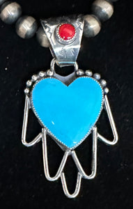 Turquoise and Red Coral Sterling Silver Heart Necklace Pendant