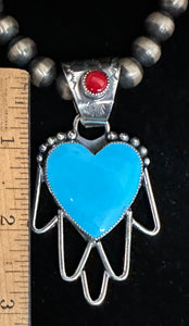 Turquoise and Red Coral Sterling Silver Heart Necklace Pendant