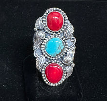 Load image into Gallery viewer, Turquoise and Red Coral Sterling Silver Ring
