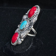 Load image into Gallery viewer, Turquoise and Red Coral Sterling Silver Ring

