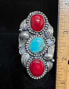 Turquoise and Red Coral Sterling Silver Ring
