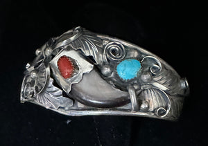 Turquoise and Red Coral Bear Claw Sterling Silver Bracelet