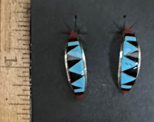 Turquoise Black Onyx Red Coral Sterling Silver Hoop Earrings