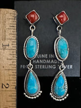 Load image into Gallery viewer, Turquoise &amp; Red Coral Sterling Silver Earrings
