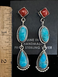 Turquoise & Red Coral Sterling Silver Earrings