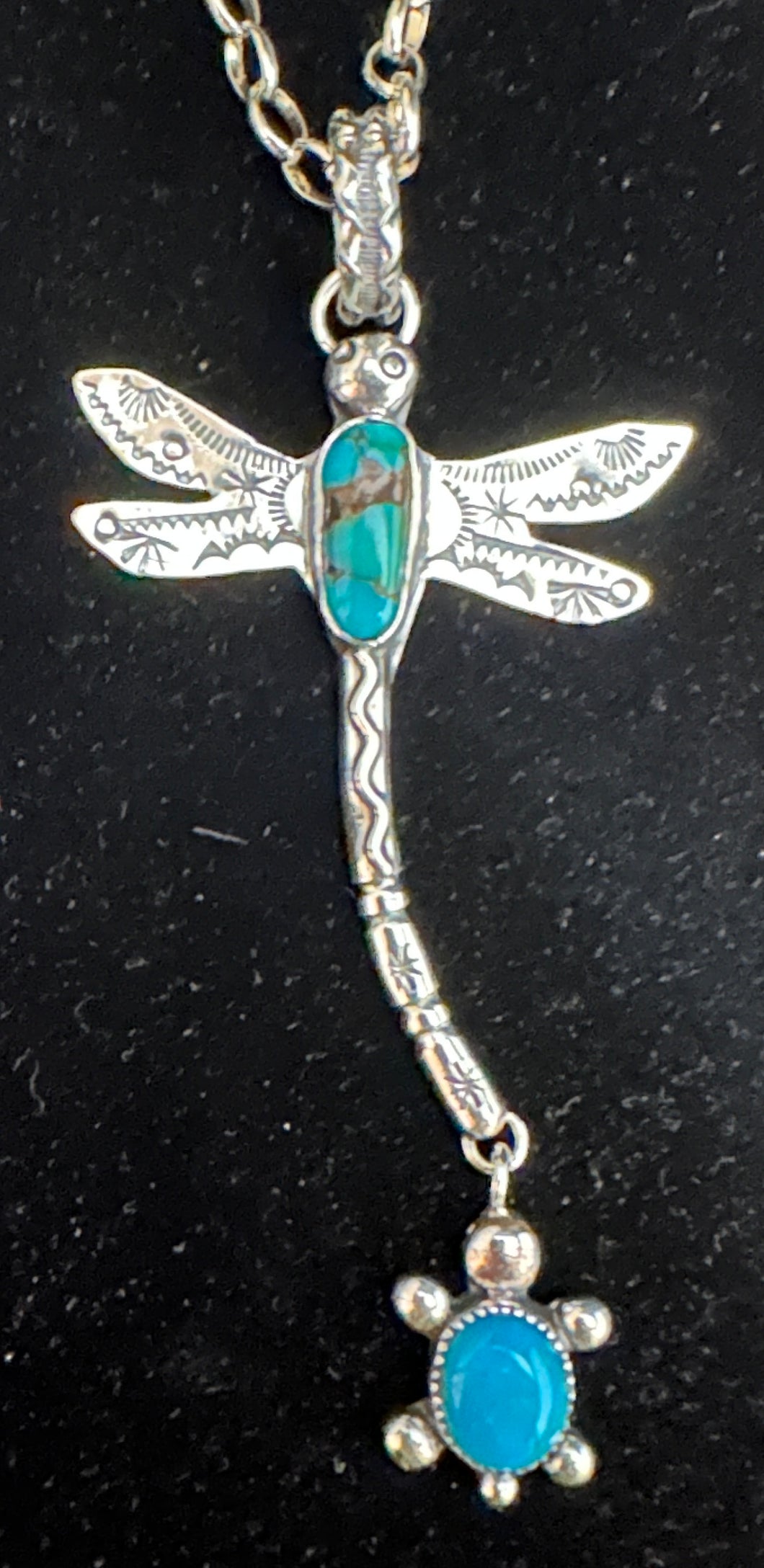 Turquoise Sterling Silver Dragonfly with Turtle Necklace Pendant