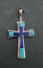 Load image into Gallery viewer, Turquoise and Lapis Sterling Silver Cross Necklace Pendant
