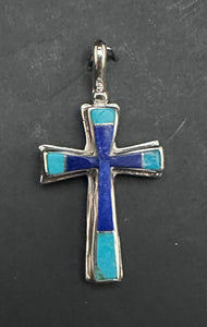 Turquoise and Lapis Sterling Silver Cross Necklace Pendant