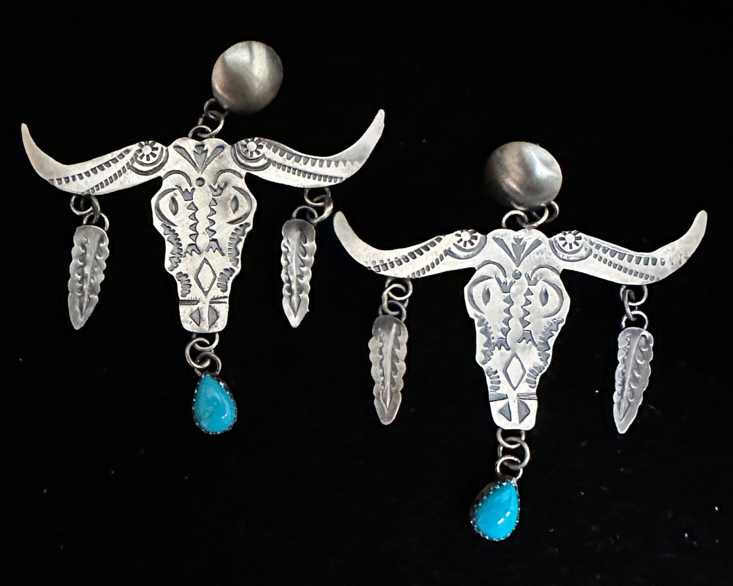 Turquoise Sterling Silver Longhorn Feather Post Earrings