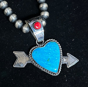 Turquoise & Red Coral Sterling Silver Heart Necklace Pendant